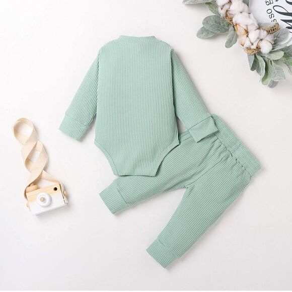 Long Sleeve Knitted Cotton Onesie Romper & Pants Mint Green 6-12 months - Picture 2 of 8